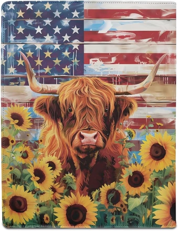 Office Folder American Flag Sunflower Cow Print PU Leather Padfolio with A4 Size Clipboard Clip for Business Resume Interview Document Sleeve Binder Folder