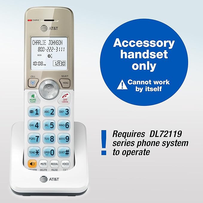 AT&T DL70019 Accessory Handset for DL72x19 Phone with Bluetooth Connect to Cell, Call Blocking, 1.8" Backlit Screen, Big Buttons, intercom, and Unsurpassed Range