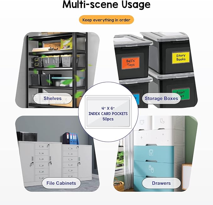 Clear Adhesive 4" x 6" Index Card Pockets with Top Open for Loading, 50 Pack, Plastic Labels Holders for Storage Bins and Library Card, Organizing and Protecting Your Index Cards or Photos