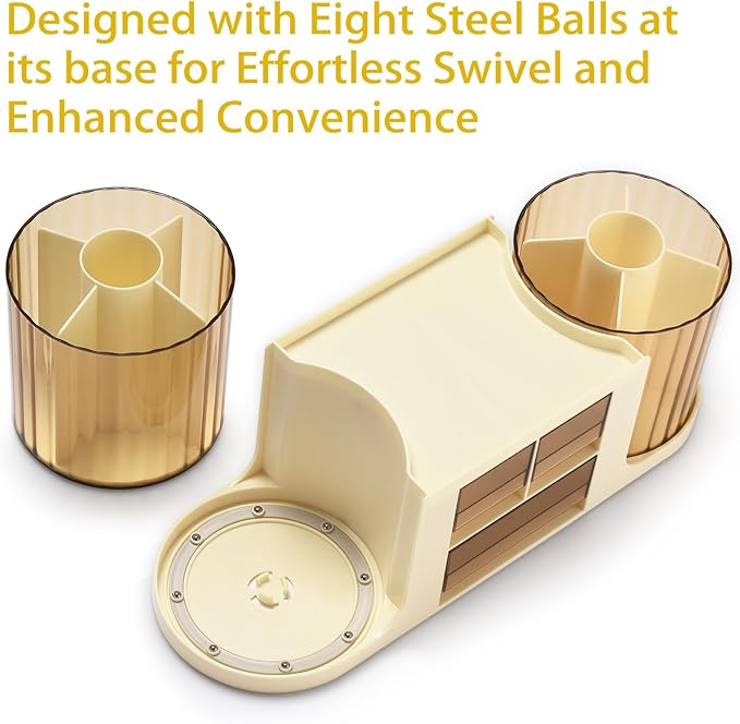 Rotating Desk Organizer with 2 Pen Holder, Desk Organizers and Accessories with 10 Slots Pencil Holder for Desk + 3 Drawer, Art Supply Storage Box Caddy for Office School Home (Beige)