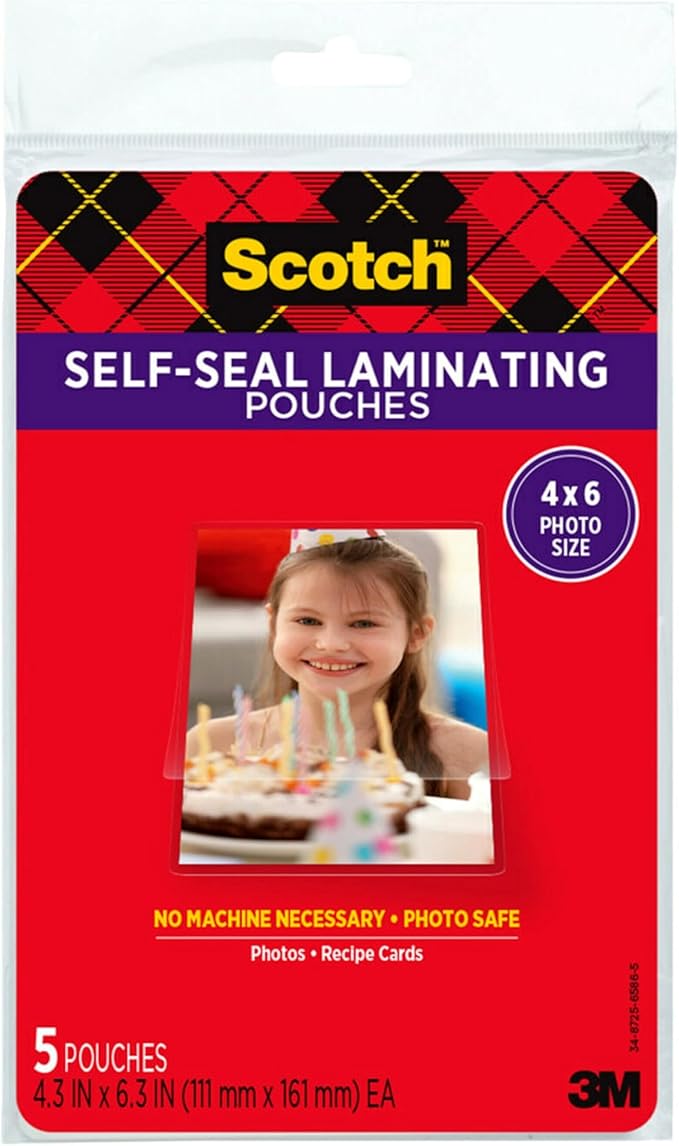Scotch Self-Sealing Laminating Pouches, Glossy Finish, 4.3 x 6.3 Inches, 5 Pouches (PL900G)