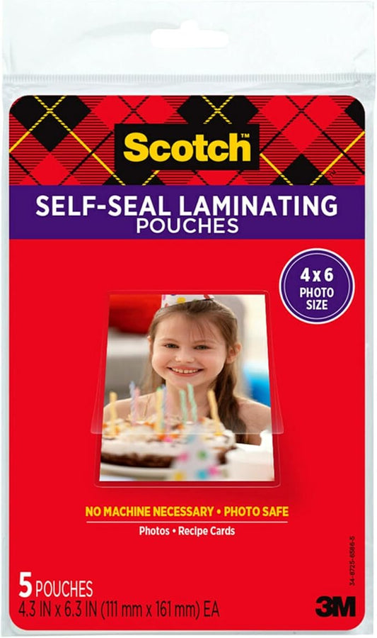 Scotch Self-Sealing Laminating Pouches, Glossy Finish, 4.3 x 6.3 Inches, 5 Pouches (PL900G)