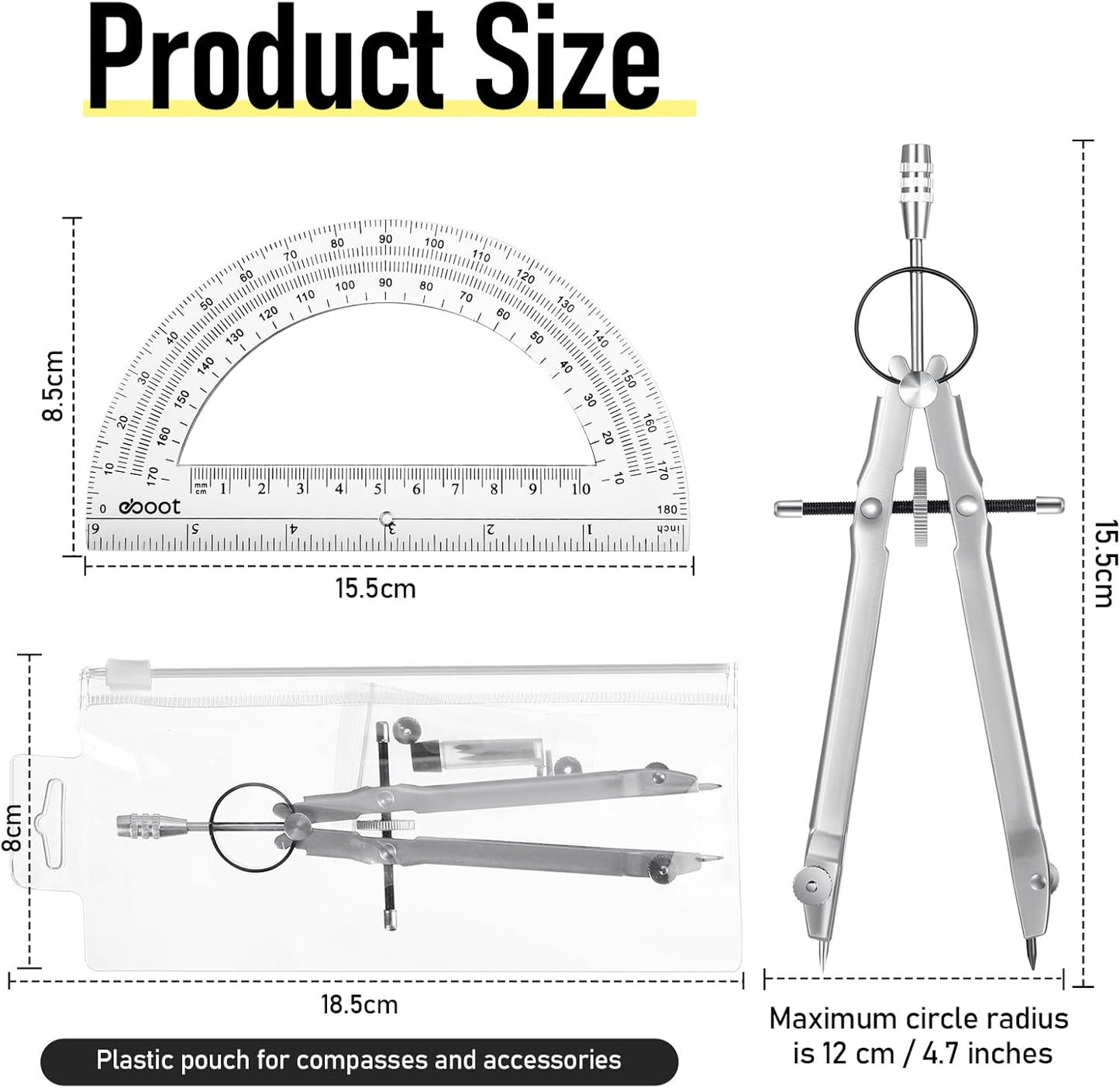 EBOOT Student Geometry Math Set, Drawing Compass and 6 Inch Clear Swing Arm Protractors 180 Degree Math Protractor (Silver)