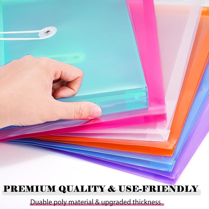 A4 Letter Size Plastic Poly Envelopes with Button and String Tie Closure, 1-1/4" Expansion Clear File Folders Side Loading Documents Organizer for Home School and Office Supplies (6)
