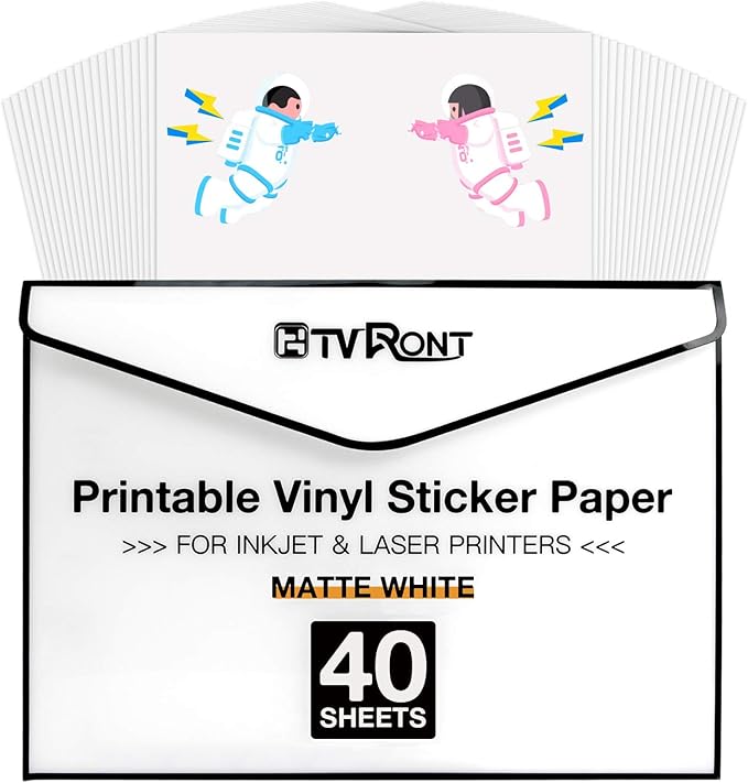 HTVRONT Printable Vinyl for Inkjet Printer & Laser Printer - 40 Pcs Matte White Inkjet Printable Vinyl Sticker Paper, 8.5"x11"(140 g)
