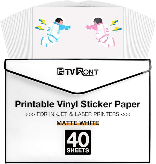 HTVRONT Printable Vinyl for Inkjet Printer & Laser Printer - 40 Pcs Matte White Inkjet Printable Vinyl Sticker Paper, 8.5"x11"(140 g)