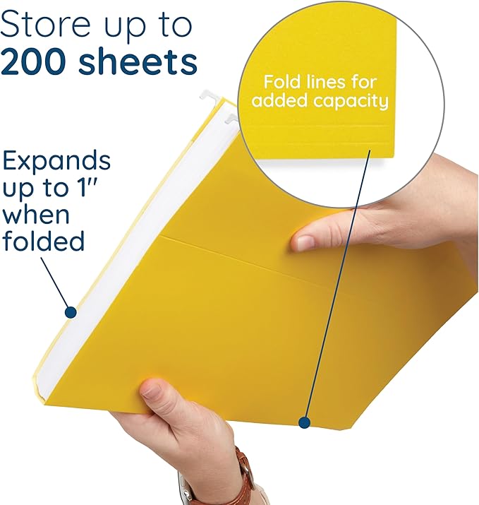 25 Blue Summit Supplies Yellow Legal Size Hanging File Folders - Durable 11pt Paper, Hanging Legal File Folders Yellow with Plastic Tabs and Inserts, Legal Size Filing, Hanging Legal Size File Folders