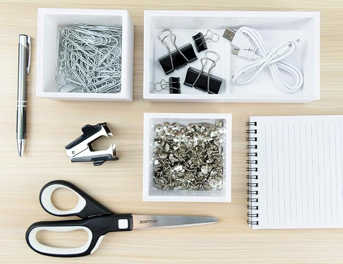 Bostitch Office Konnect Desk Organizer Accessory Tray & Storage Cup Bundle, Stacks for Desktop Storage, Makeup Organization, White