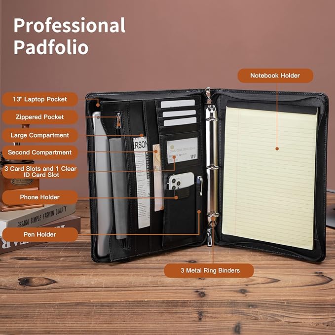 Personalized Leather Portfolio with 3 Ring Binder, Vegan Leather Padfolio Zippered, A4 Notebook Holder Customized Business Folder Organizer Gift for Men and Women, Black