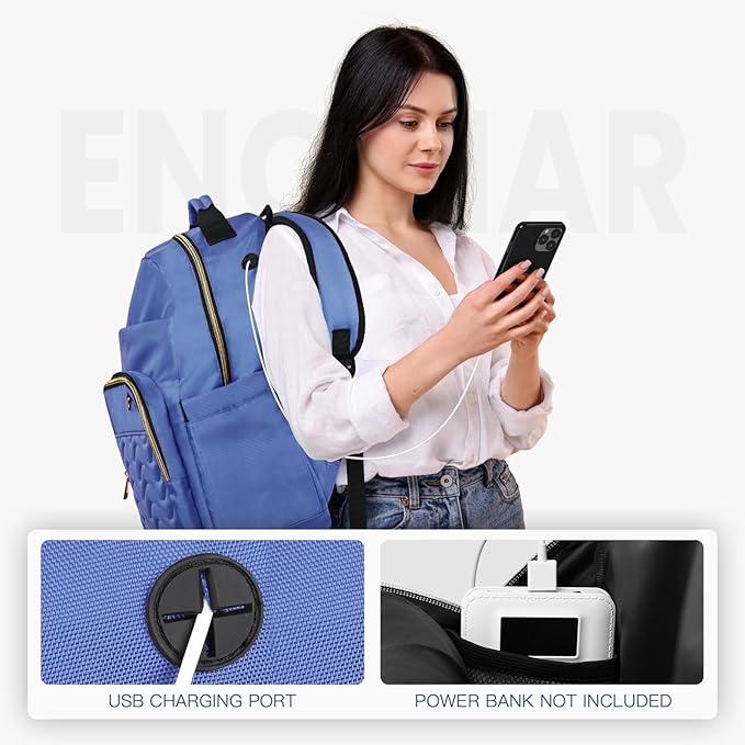 Travel Laptop Backpack for women, Work Backpack Woman with USB Charging Port, Water Resistant College Backpack, Stylish Quilted Girls Backpack Casual Daypack for 15.6 Inch Laptop, Blue