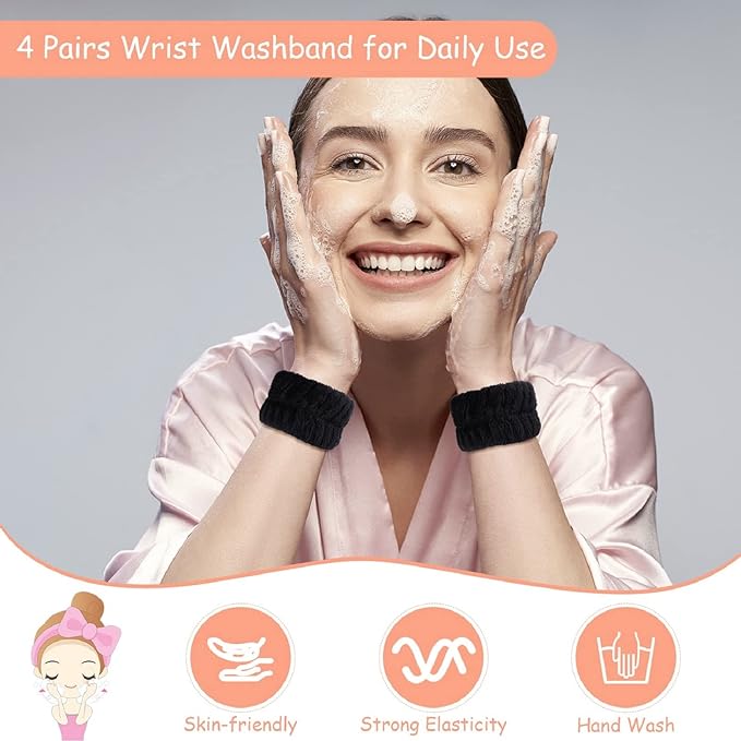 Chuangdi 4 Pairs Wrist Bands for Washing Face Wrist Spa Microfiber Wash Towel Band Scrunchies Absorbent Wristbands Sweatband for Women Prevent Liquid from Spilling