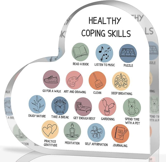 Therapy Office Decor, Anxiety Healthy Coping Skills Mental Health Decorations for Social Worker Classroom School Counseling Therapist Supplies Educational Acrylic Heart Art Decor