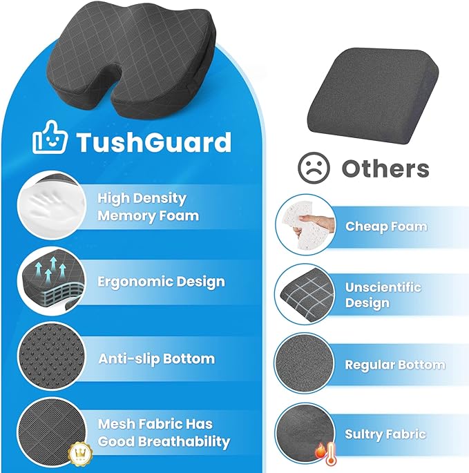 TushGuard Seat Cushion - Memory Foam Cushion for Office Chair, Car Seat, Airplane, Bleacher - Sciatica & Hip & Coccyx Pain Relief Desk Chair Cushion for Long Sitting Office Workers, Car Drivers