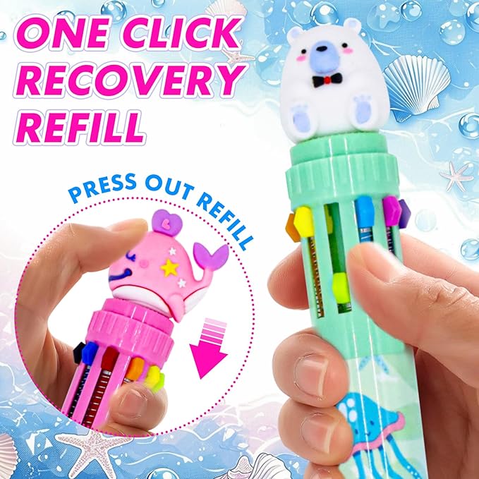 Multicolor Ballpoint Pen 0.7 mm, 10-in-1 Colored Pens Fine Point Retractable Cute Cartoon Ocean Animal Ballpoint Pens for Office School Students Kids Christmas Gift, 6 Pack
