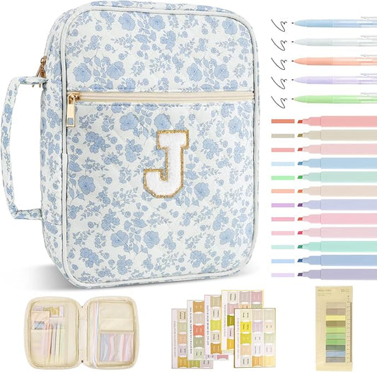 Personalized Initial Bible Cover Case for Women Girls Kid - Large Quilted Bible Case with Handle, Stylish Chenille Letter Bag Study Supplies, Perfect Christmas Gifts for Christians (Blue Flower-J)
