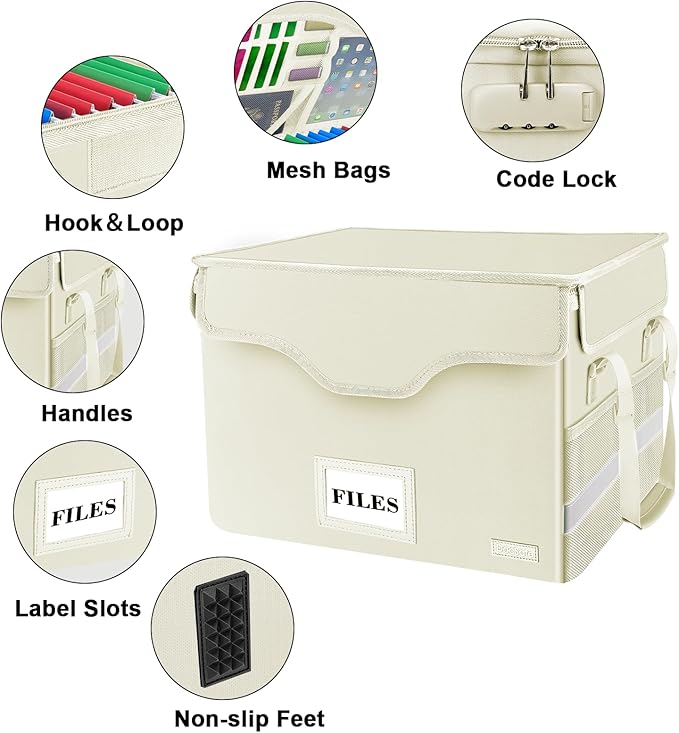 DocSafe File Box Fireproof Document Box with Lock, File Storage Organizer Box with Pockets,Collapsible Portable File Box Home Office File Cabinet with Handle for Hanging Letter/Legal Folder,Beige