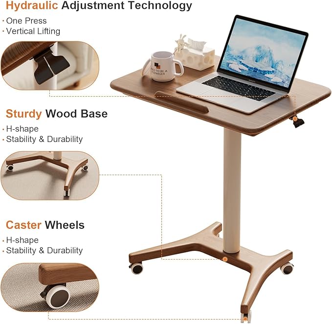 Rolling Standing Desk,Rolling Desk Adjustable Height with Wheels Rolling Desk for Home Office, Bedroom,Couch（Walnut）