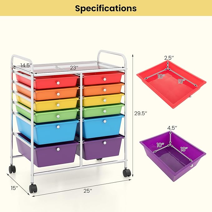 Giantex 12-Drawer Rolling Storage Cart, Multipurpose Movable Organizer Cart, Utility Cart for Home, Office, School (Multicolor)