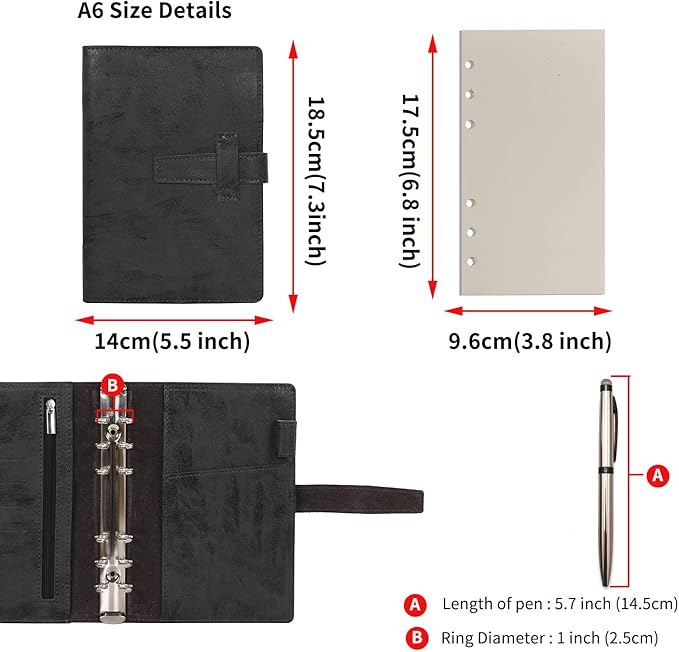 Wonderpool Leather Journal Refillable Binder A6 Writing Notebook Folder Organiser with Dotted Paper & Multi Pockets Cover for Business School Travel (A6, Grey)