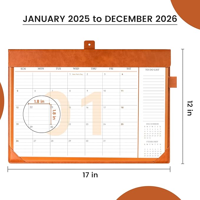 Desk Calendar 2025-2026,24 Month Wall Calendar from Jan 2025-Dec 2026, Large Desk Calendar 17" x 12" with To-Do Lists, Leather Desk Pad Calendar with PVC Cover for Home School and Office,Brown