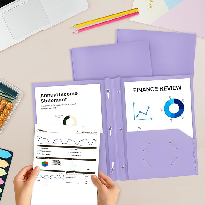 ViVin 12 Pack Heaty Duty Plastic Folders, 2 Pocket Poly File Plastics Folders with 3-Prong Fasteners, Pastel Color Plastic Folder for Letter Size Sheet, School Folder Kids Folder (Light Purple)