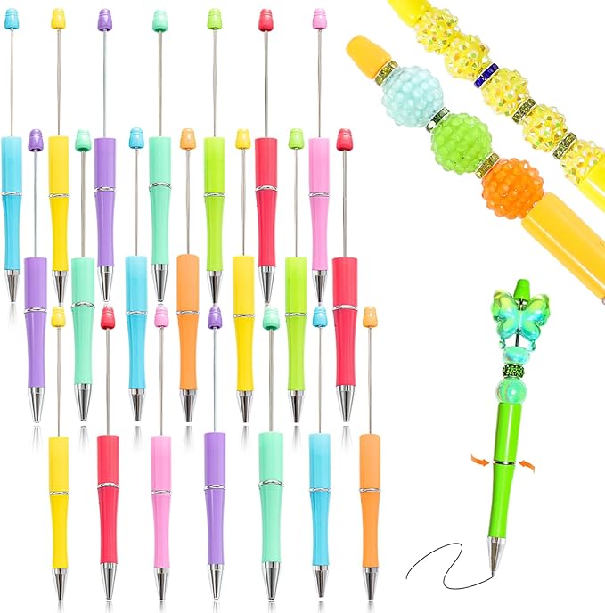 30 Pieces Beadable Pens - Beaded Pens Sweet Plastic Diy Black Ink Ballpoint Pens Bulk - Bead Pens Suitable For Teacher, Students, Office, School, Graduation Gift Supplies