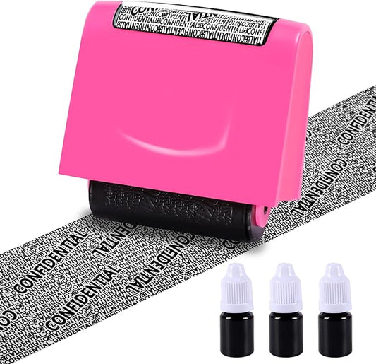 Identity Theft Protection Roller Stamp - Wide Confidential Roller Stamp with 3 Pack Refill Inks for Anti Theft Protection, Confidential Privacy Security, Address Blocker (Rose Pink)