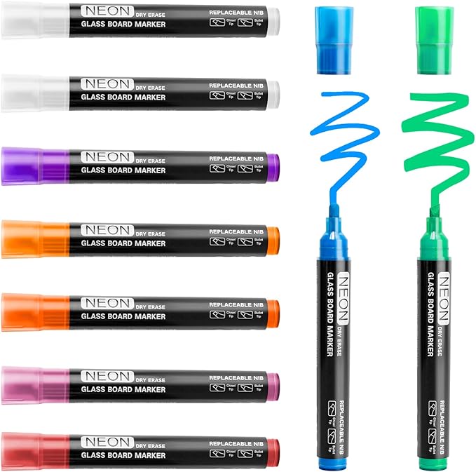 maxtek Neon Dry Erase Markers for Glass,Window Markers for Dry Erase Board,Chalkboard,LED Note Board,Acrylic Refrigerator Calendar,Chisel Tip,Low Odor,Assorted Colors,9 Count