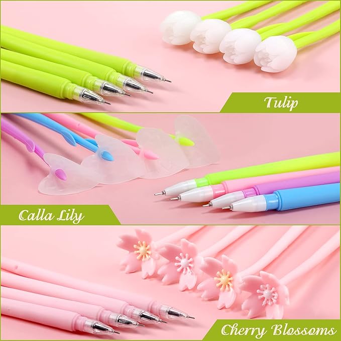 18 Pieces Color Changing Flower Pens Colorful Gel Ink Ballpoint Rose Pens for School Home Office Presents(Cherry Blossom Tulip Calla Lily Style)