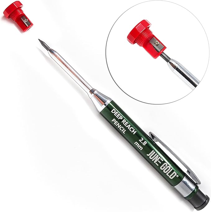 June Gold 2.8 mm Deep Reach Metal Carpenter Pencil, 36 Colored Refills, 6 Colors, 40 mm reach, 6 mm width, Built-in Sharpener, Construction, Shop, Glass, Machine, Indoor, and Outdoor