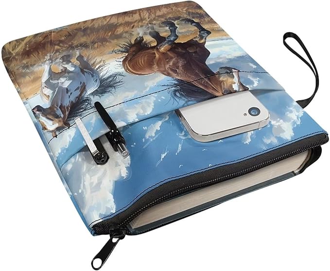 COEQINE Watercolorful Horses Book Cover Zippered Book Cover with Pen Holder Portable Book Pouch Book Lovers Hardcover Book Dust Cover Case Washable