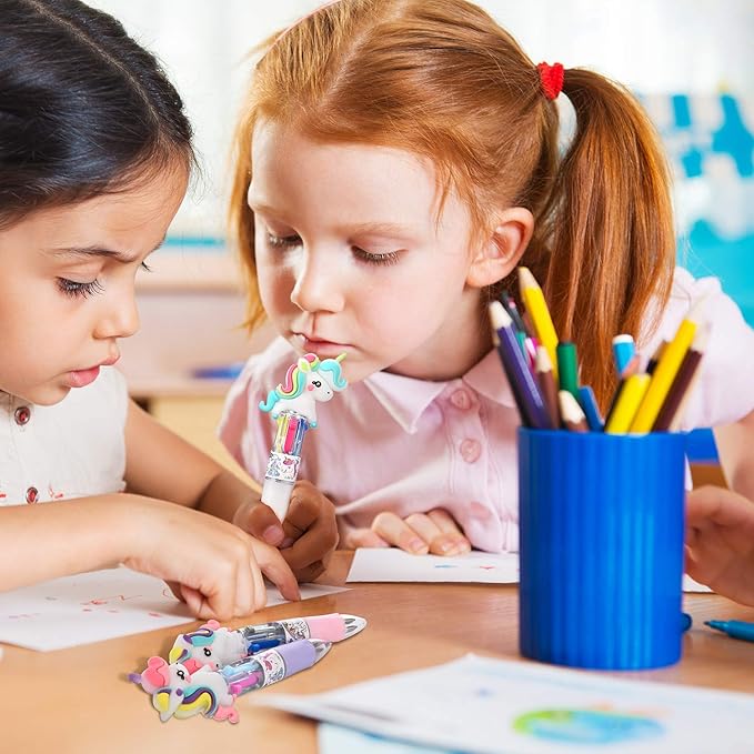 Chinco 12 Pieces Retractable Unicorn Pens 4-in-1 Multicolor Ballpoint Pen Unicorn Candy Party Favor Colored Ink Mini Party Favors for Girls Kids Classroom Prizes Birthday Gifts(Curly Hair Unicorn)