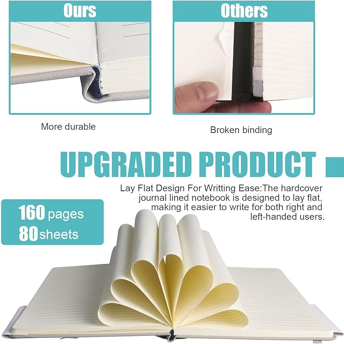 Lined Journal Notebook, 6Pack(Grey), 160 Pages, Medium 5.7 inches x 8 inches - 100 gsm Thick Paper, Hardcover