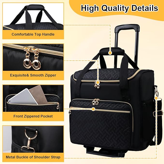 Rolling Teacher Tote Bag with Detachable Trolley, Wheeled Teacher Bag with 15 Inch Laptop Compartment, Soft Nylon Multifunctional Tote Bag with Wheels for Teaching& Office Supplies (Black)