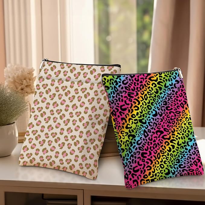 2 Pack Rainbow Leopard Print Book Sleeve, Books Protector，Books Pouch， Book Lovers Gifts，Bookish Gifts Waterproof Cover with Zipper，Leopard Decor Gift Bag for Women Girls Manager Christmas