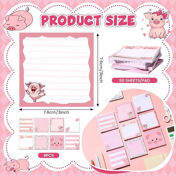 9 Pads Cute Sticky Notes Cartoon Animal Self Stick Notepads 3x3 Inches Notes Adhesive Memo Pad Office Decor Gifts for Students School Office Meeting(Piggy)