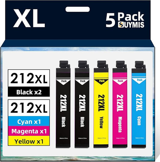 212 212XL Ink Cartridges Remanufactured for Epson 212XL 212 XL T212XL T212 Ink Cartridges Combo Pack Work with Epson Expression Home XP-4100 XP-4105 Workforce WF-2830 WF-2850 Printer (5 Pack)