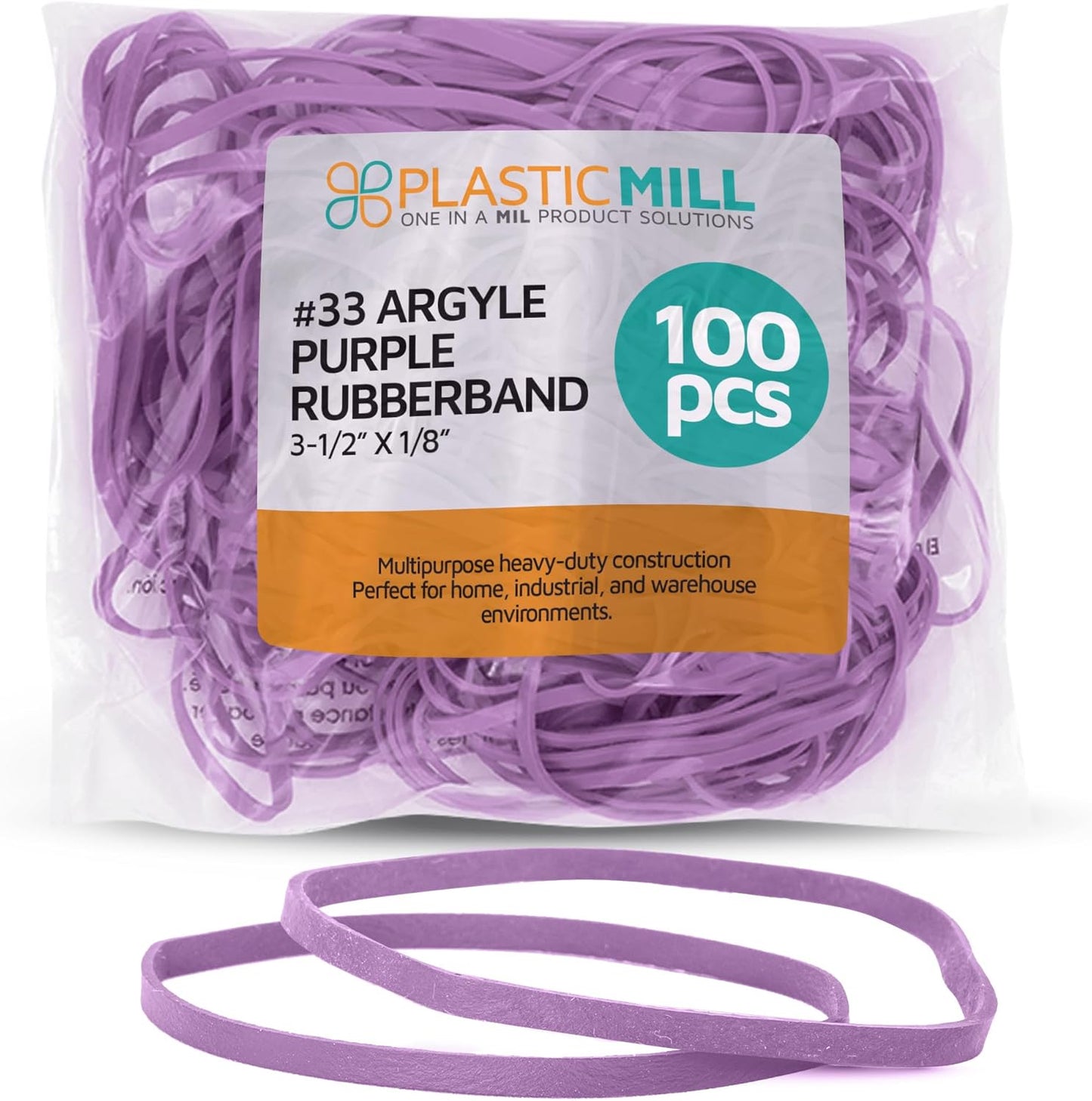 PlasticMill Argyle Purple Rubber Bands Size 33 (3 1/2" x 1/8") - #33 Colored Rubber Bands Office Supplies - Strong, Elastic Bands for Crafts, Balloon Garland, Cash, File Folders (100-Pack)
