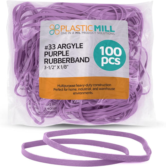 PlasticMill Argyle Purple Rubber Bands Size 33 (3 1/2" x 1/8") - #33 Colored Rubber Bands Office Supplies - Strong, Elastic Bands for Crafts, Balloon Garland, Cash, File Folders (100-Pack)