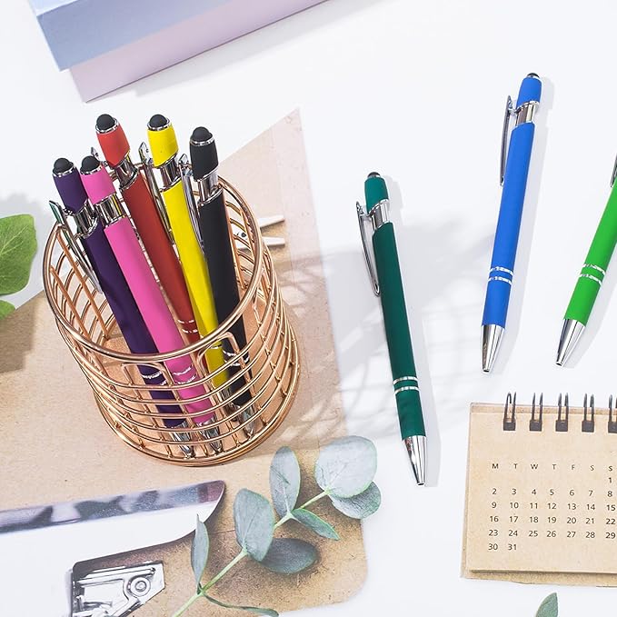 Ballpoint Pens with Stylus Tips，12 Pcs Retractable Metal Stylus Pen for Touch Screens, 1.0 mm Black Ink(Mixed Color)