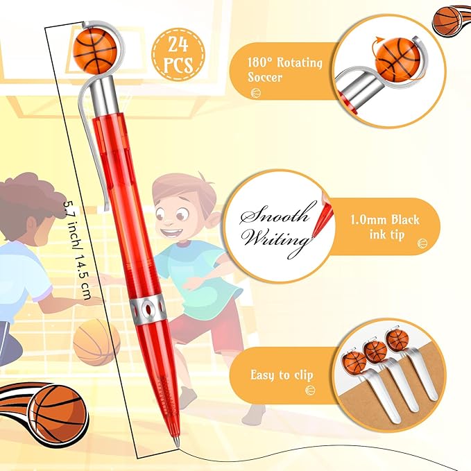 Zhanmai 24 Pcs Novelty Basketball Pens Sports Ballpoint Pens Basketball Party Favors Desk Cool Writing Tool for Students Supplies Stationery School Office Decor(Red,Basketball)