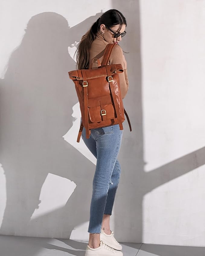 Genuine Leather Backpack for Men & Women, Rolltop Laptop Bookbag, Vintage Back Pack Rucksack for work & travel, Brown (Tan)