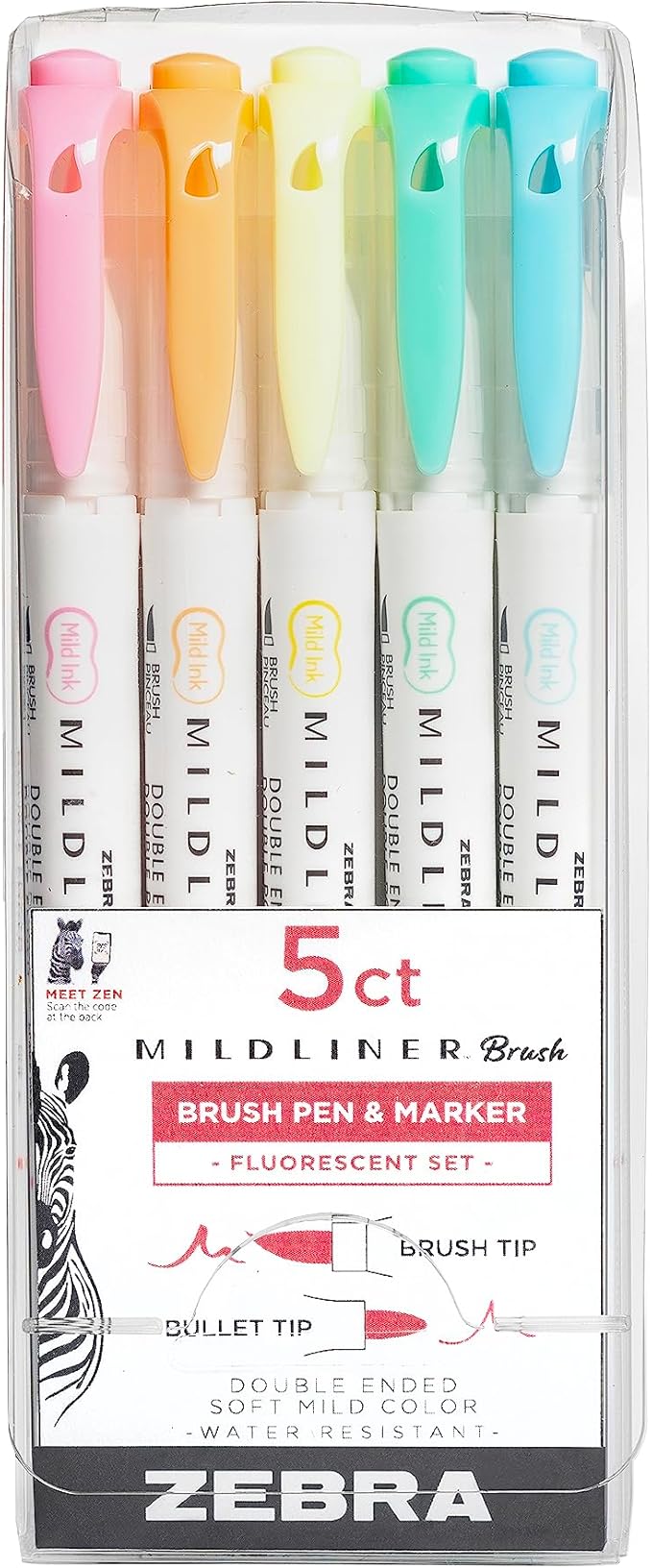 Zebra Pen Mildliner Brush Marker, Double Ended Brush and Fine Tip Pen, Assorted Fluorescent Colors, 5 Pack