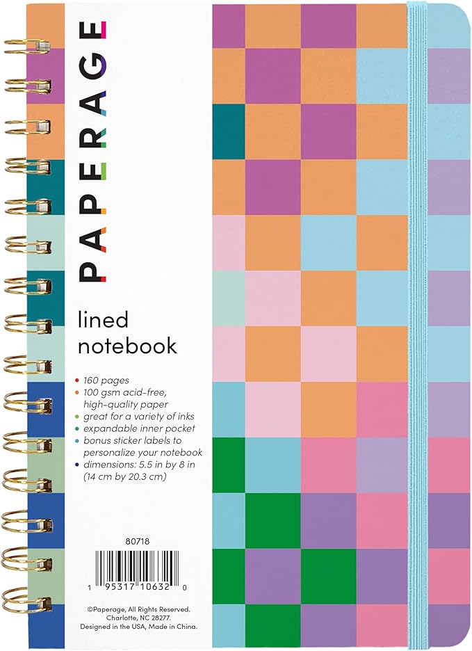 PAPERAGE Lined Spiral Journal Notebook, (Checkered Rainbow), 160 Pages, Medium 5.5 inches x 8 inches - 100 GSM Thick Paper, Hardcover, Double-Wire Spiral Journal & Notebook