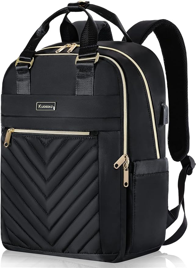Black Backpack for Women, School Backpack for Teen Girls, 15.6 Inch Quilted Backpack Purse with USB Port, Work Business Teacher Student Computer Bag, College Bookbags Casual Daypacks, Black