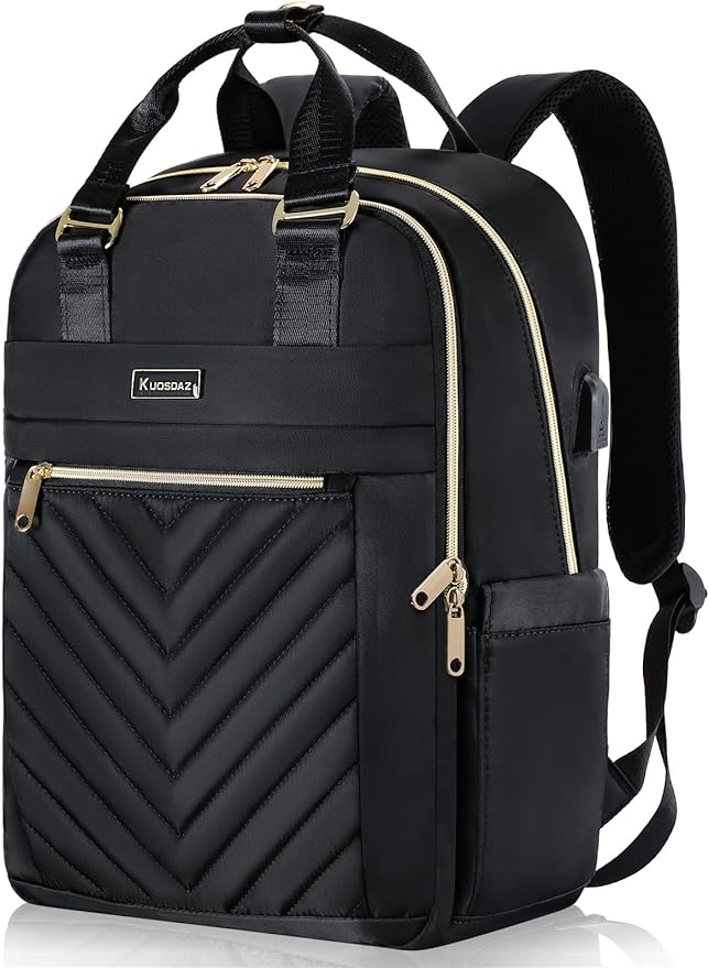 Black Backpack for Women, School Backpack for Teen Girls, 17.3Inch Quilted Backpack Purse with USB Port, Work Business Teacher Student Computer Bag, College Bookbags Casual Daypacks, Black