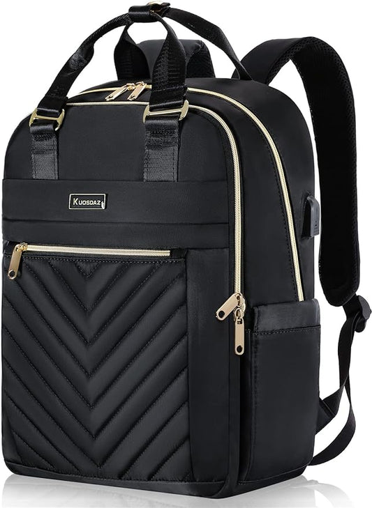 Black Backpack for Women, School Backpack for Teen Girls, 17.3Inch Quilted Backpack Purse with USB Port, Work Business Teacher Student Computer Bag, College Bookbags Casual Daypacks, Black