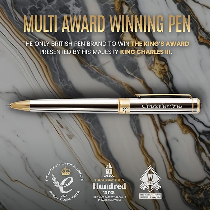 Scriveiner Personalized Silver Chrome Ballpoint Pen - Stunning Luxury Pen, 24K Gold Finish, Schmidt Ink Refill, Best Engraved Ball Point Gift Set for Men & Women, Custom Name Engraving