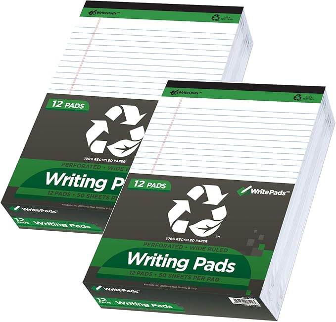 KAISA Legal Pads Writing Pads Recycled Paper Pads, 8.5"x11.75" Wide Ruled, 50 sheets/Pad 8-1/2"x 11-3/4" Large Perforated Writed Pad, White 24pads