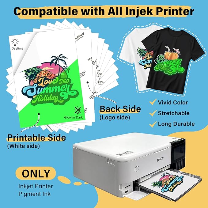 TECKWRAP Printable Heat Transfer Paper for T-Shirts 10 Sheets, 8.3" X 11.7" Printable Heat Transfer Vinyl for Inkjet Printer, Iron on Transfer Paper for Light and Dark Fabric (Glow in Dark)